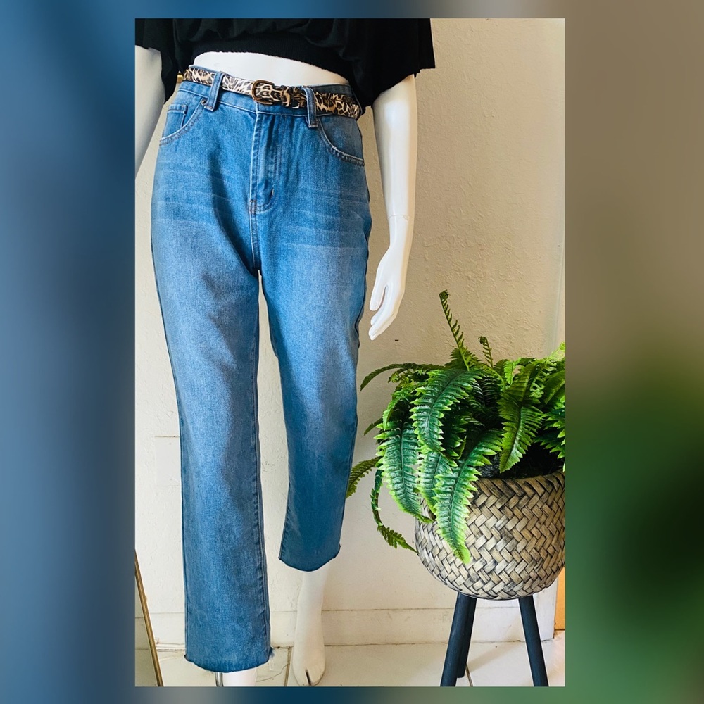 Blue high rise denim , non - stretch